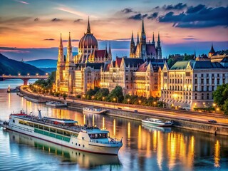 Obraz premium Stunning Architectural Portrait of Budapest with the Majestic Danube River and Vibrant Ships Displaying the City's Rich History and Cultural Heritage in a Captivating Scene