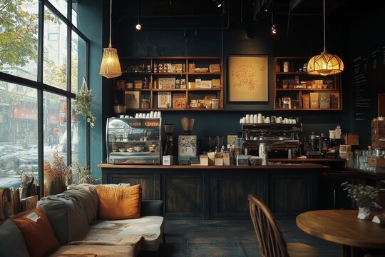 A cozy cafe with a rustic feel, featuring a large wooden table with chairs