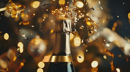 Bottle of champagne, confetti popping and gold streamers flying, soft glowing lights, New Year's Eve celebrations