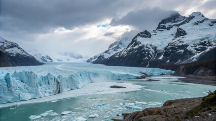 Obraz premium Icy blue glacier with snow-covered peaks and frozen waterfalls, waterfall, peaceful, snow, chilly