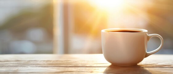 Fototapeta premium Warm coffee cup on a sunlit wooden table.