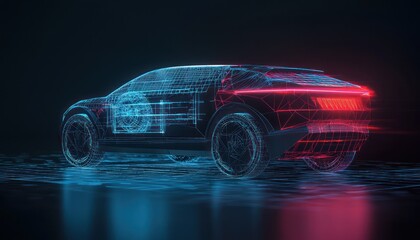 Futuristic electric vehicle displayed with a holographic digital wireframe backdrop.