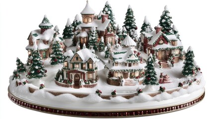 Obraz premium Charming Winter Village Scene with Snow-Covered Houses and Pine Trees Perfect for Holiday Decorations and Seasonal Celebrations