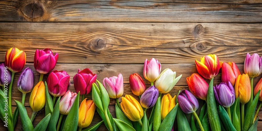 Aufkleber a vibrant array of tulips in various shades of pink, yellow, purple, and red, arranged along the bot
