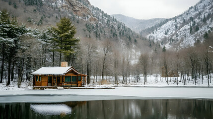 A small wooden cabin sits on a frozen lake with a snow-covered mountain backdrop.