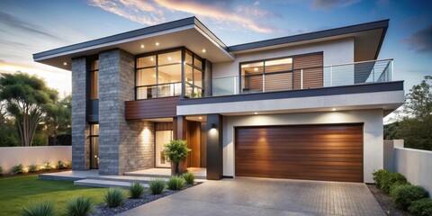 Fototapeta premium Modern Two-Story Home with Stone Facade, Wood Garage Door, and a Balcony Overlooking a Landscaped Front Yard