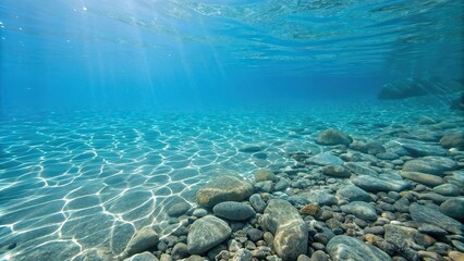 A clear blue pool water background with sunken stones and pebbles, sunken stones, outdoor