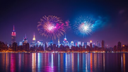 New Year&acirc;&euro;&trade;s Eve Fireworks Over a City Skyline