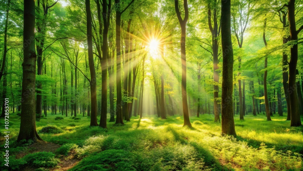 Poster Sunlight streams through the dense canopy of a lush, green forest, illuminating the forest floor with golden rays.