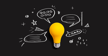 Brainstorming concept with a light bulb and speech bubbles - Flat lay
