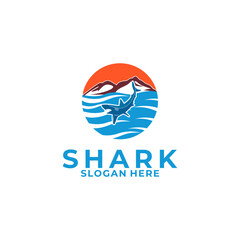 Shark and mountain with ocean sea water Logo Design Template Vectors
