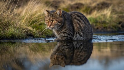 Obraz premium Calm Waters: A Scottish Wildcat's Contemplative Pause at the Loch