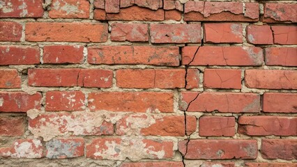 Obraz premium Close-up of old red brick wall with cracks and fading paint, pattern, stone, old red brick wall, landscape