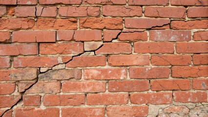 Obraz premium Close-up of old red brick wall with cracks and fissures, masonry, old red brick wall