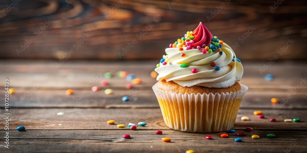 Poster a single frosted cupcake adorned with colorful sprinkles sits on a rustic wooden table, capturing th