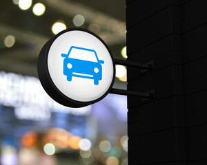 Car icon on hanging black rounded signboard over blur light and shadow of shopping mall, Business transportation service concept, 3D rendering