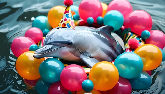 Joyful dolphin celebrates in colorful pool with party hat and balloons for a fun-filled day - Powered by Adobe