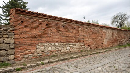 Obraz premium Old stone wall with a rustic red brick texture, traditional architecture, old house, earthy tones, historic home, rural landscape