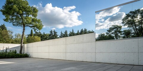 Reflection of sky and trees on white concrete wall, trees, sky, natural scenery