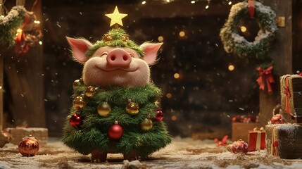 Festive Pig Dressed as a Christmas Tree