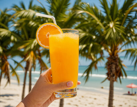A person holding a glass of orange juice on the beach.