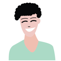 Vector design illustration of curly hair person smiling wide wearing green t-shirt.