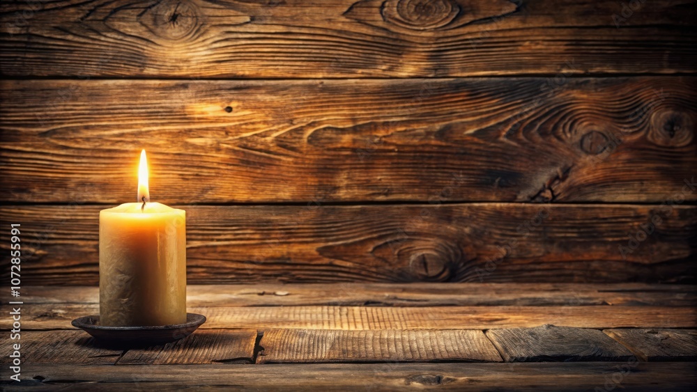Poster a solitary candle glows softly on a rustic wooden surface, casting a warm and inviting light.