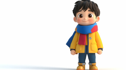 A smiling cartoon boy in a yellow jacket, blue scarf, and red scarf, standing on a white background.
