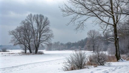 Obraz premium Winter background with bare trees and snow-covered ground, winter background, snowy scenery, calm atmosphere, frozen lake, icy landscape