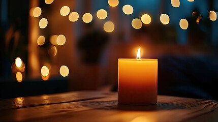 A glowing candle illuminates a cozy setting, surrounded by soft bokeh lights, creating an inviting atmosphere perfect for relaxation or celebration.