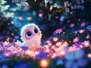 Adorable Fluffy Creature in a Field of Glowing Flowers