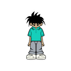 Cartoon Character in Teal Shirt With a Serious Expression