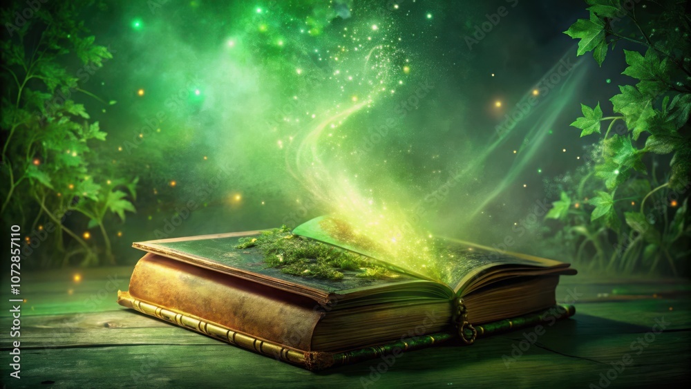 Poster a magical book emits a glowing green light that fills the air with swirling dust and sparkles, creat