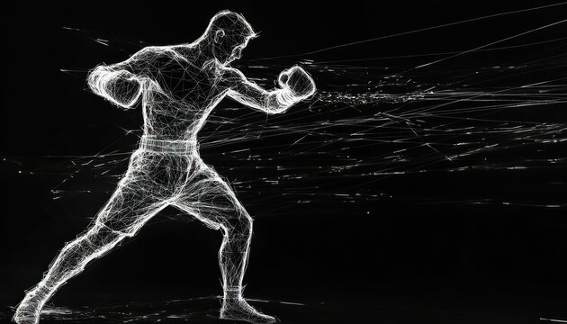 Male boxer rendered in wireframe as he practices shadow boxing.