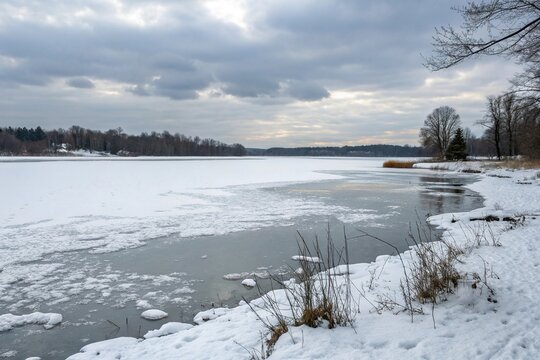 *Frozen pond or lake with a scattering of white snow, frozen pond, granular, mountainous