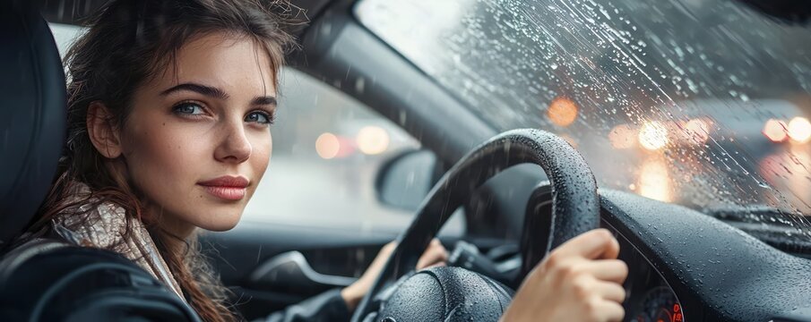 Rainy drive focusing on a young businesswoman's determined face and dashboard.