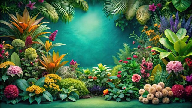 A beautiful botanical garden filled with lush greenery and vibrant flowers, with a teal background showcasing exotic plants, floral, plant life, flora, botanical garden, flowers