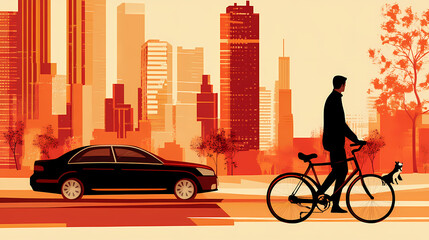 A vector illustration of a city, a car, a pedestrian with a dog, a cyclist, in orange, red, black, and brown on a beige background