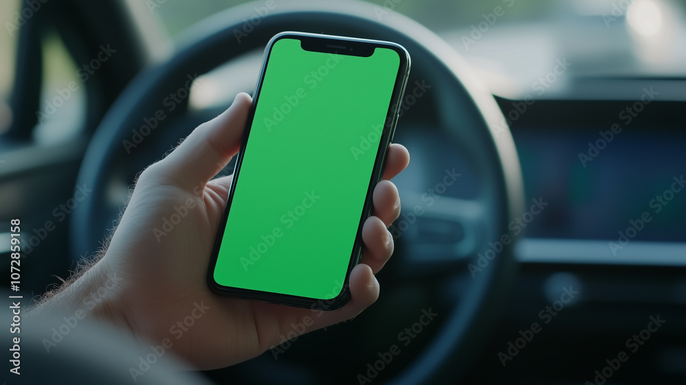 Poster man holding mobile phone with blank green screen inside car. interior features modern dashboard and 