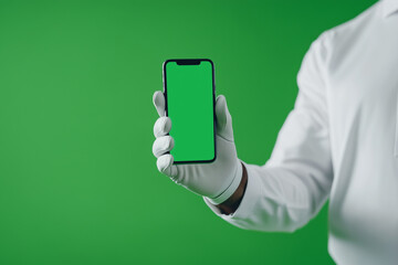 person wearing golf glove holds smartphone with green screen, showcasing modern and clean design. vibrant green background enhances focus on device