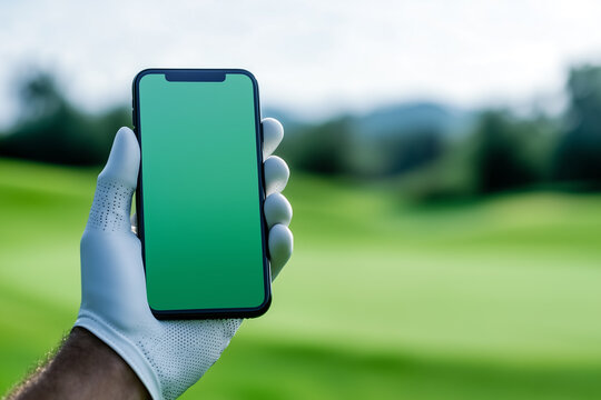 person wearing golf glove holds smartphone with green screen, showcasing golf course background. scene conveys sense of leisure and technology in sports