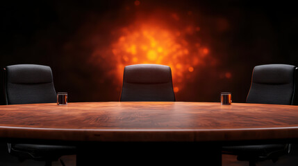 Fototapeta premium A dimly lit conference room features a large wooden table and several chairs, with a glowing fiery background creating a dramatic atmosphere.