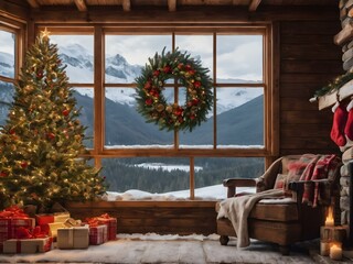 Rustic wooden cabin decorated with Christmas wreaths, stockings by the fire, and a snow-covered view from the window.