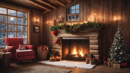 Rustic wooden cabin decorated with Christmas wreaths, stockings by the fire, and a snow-covered view from the window.