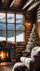Rustic wooden cabin decorated with Christmas wreaths, stockings by the fire, and a snow-covered view from the window.