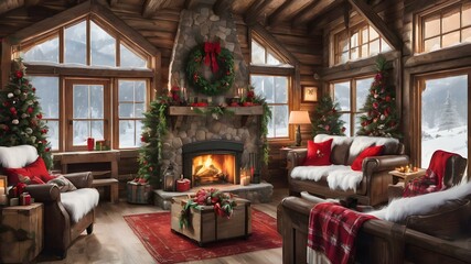 Rustic wooden cabin decorated with Christmas wreaths, stockings by the fire, and a snow-covered view from the window.