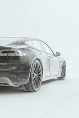 Light backdrop displaying an advanced electric vehicle with digital wireframe technology.