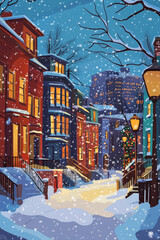Snowy Christmas Night in Cozy Town City Panorama. Winter Landscape and Street View with Falling Snow