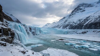 Icy blue glacier with snow-covered peaks and frozen waterfalls, serenity, crystalline