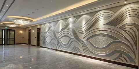 A stylized wave pattern in shades of silver and gray creates a sense of modernity and sophistication on this luxurious interior, wavy lines, seamless patterns, sophisticated atmosphere, abstract